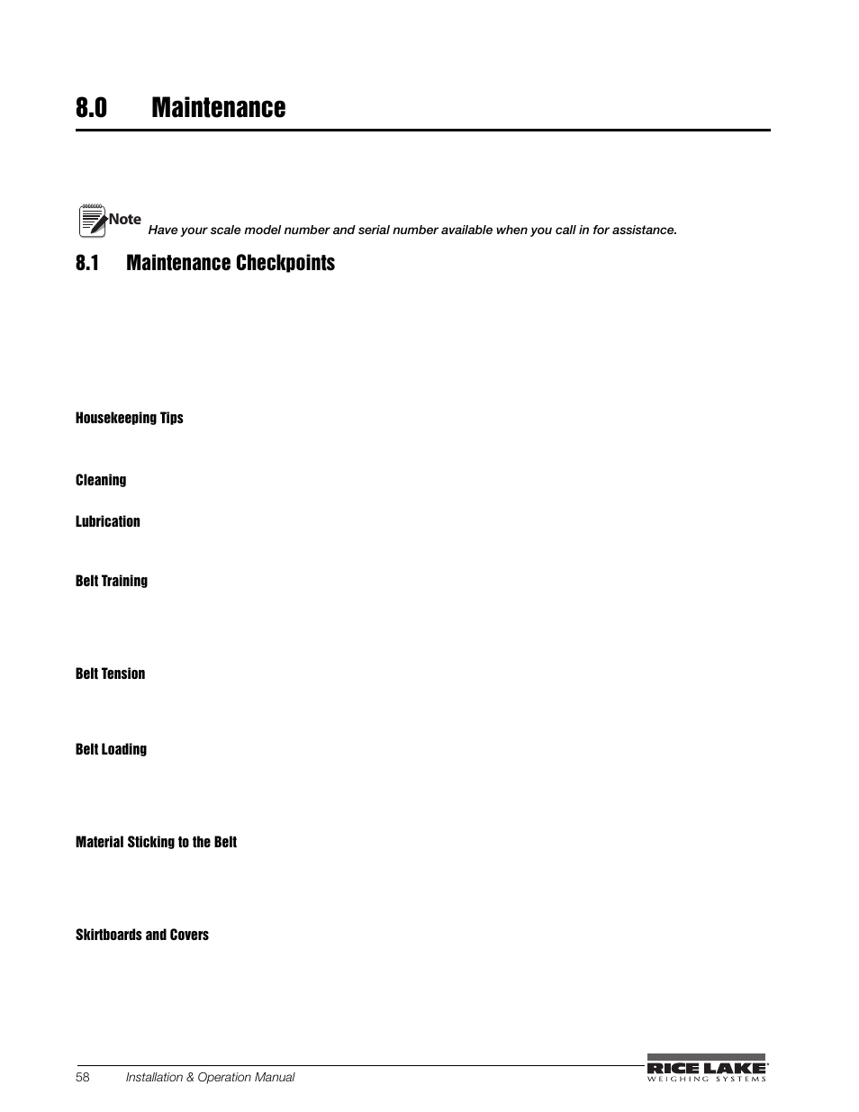 0 maintenance, 1 maintenance checkpoints, Housekeeping tips | Maintenance | Rice Lake BCi Belt Scale - Installation and Operation Manual Version 2.03 User Manual | Page 64 / 74