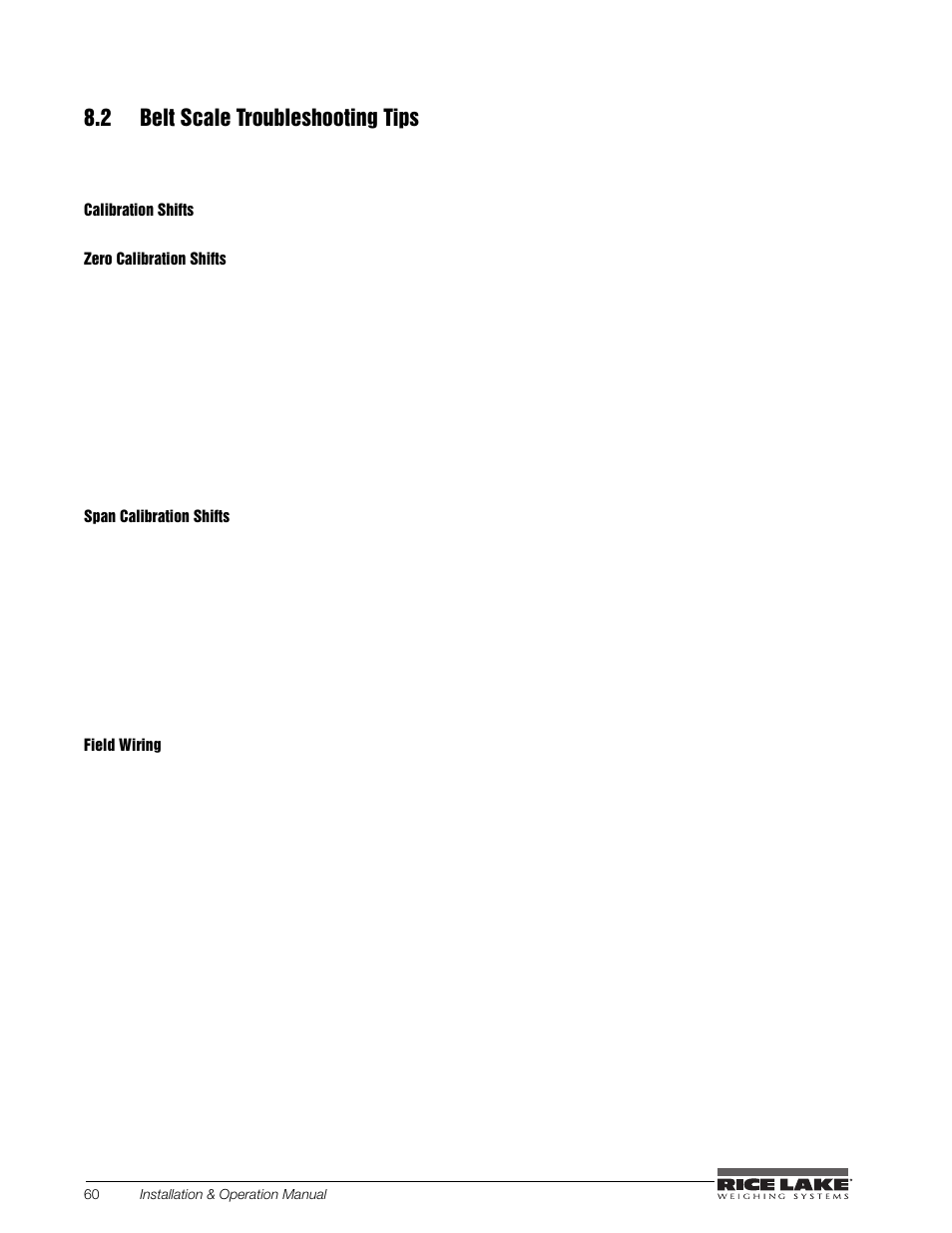 2 belt scale troubleshooting tips, Calibration shifts, Zero calibration shifts | Span calibration shifts, Field wiring, Belt scale troubleshooting tips | Rice Lake BCi Belt Scale - Installation and Operation Manual Version 2.03 User Manual | Page 66 / 74
