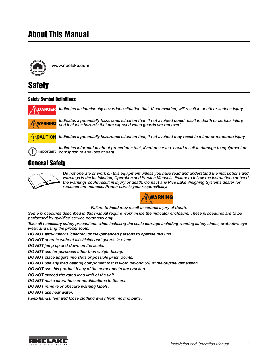 About this manual, Safety, About this manual safety | General safety | Rice Lake BCi Belt Scale - Installation and Operation Manual Version 2.03 User Manual | Page 7 / 74