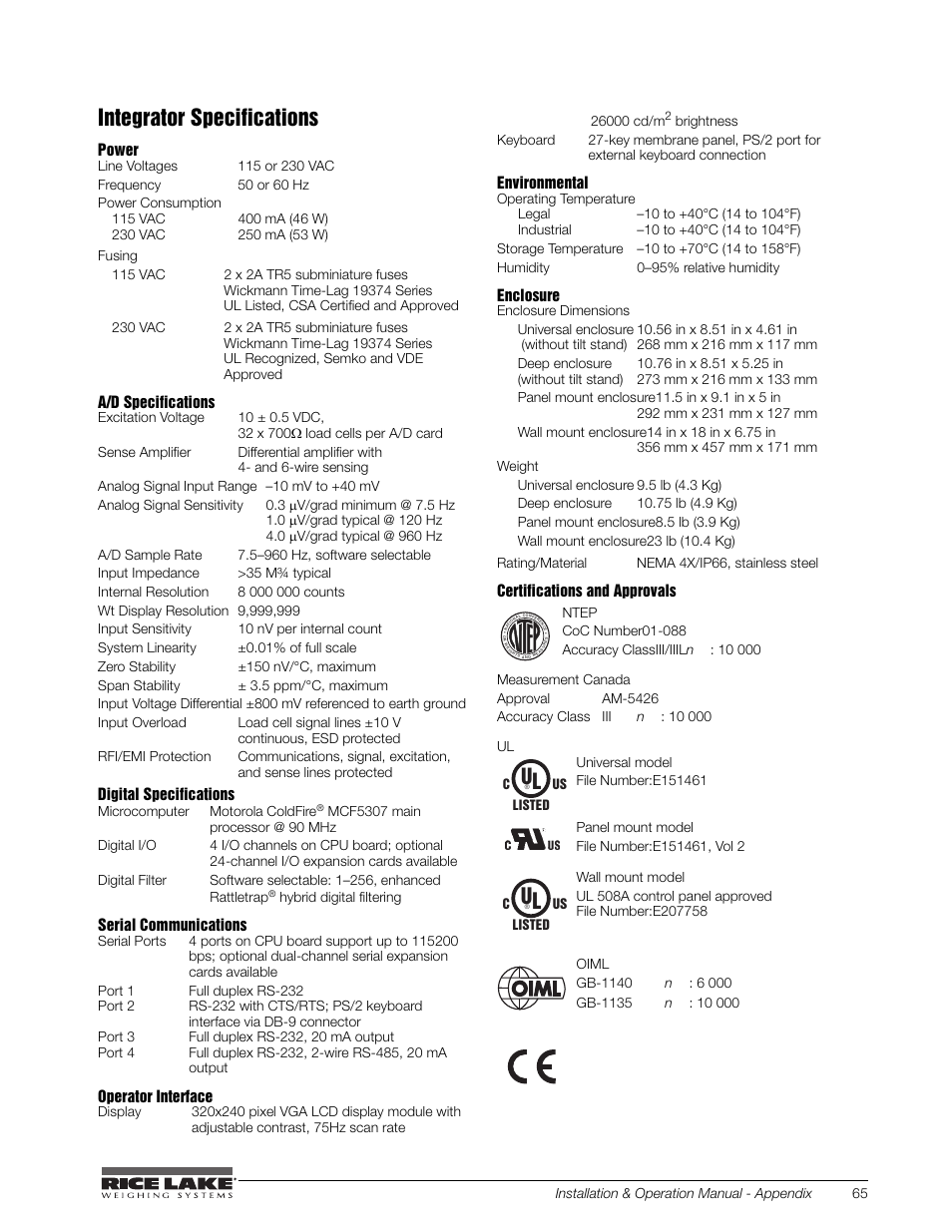 Integrator specifications, 0 integrator specifications | Rice Lake BCi Belt Scale - Installation and Operation Manual Version 2.03 User Manual | Page 71 / 74