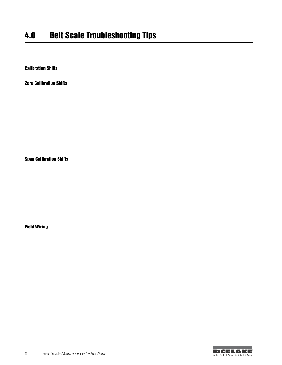 0 belt scale troubleshooting tips, Calibration shifts, Zero calibration shifts | Span calibration shifts, Field wiring | Rice Lake BCi Belt Scale - Maintenance & Troubleshooting Manual User Manual | Page 10 / 16