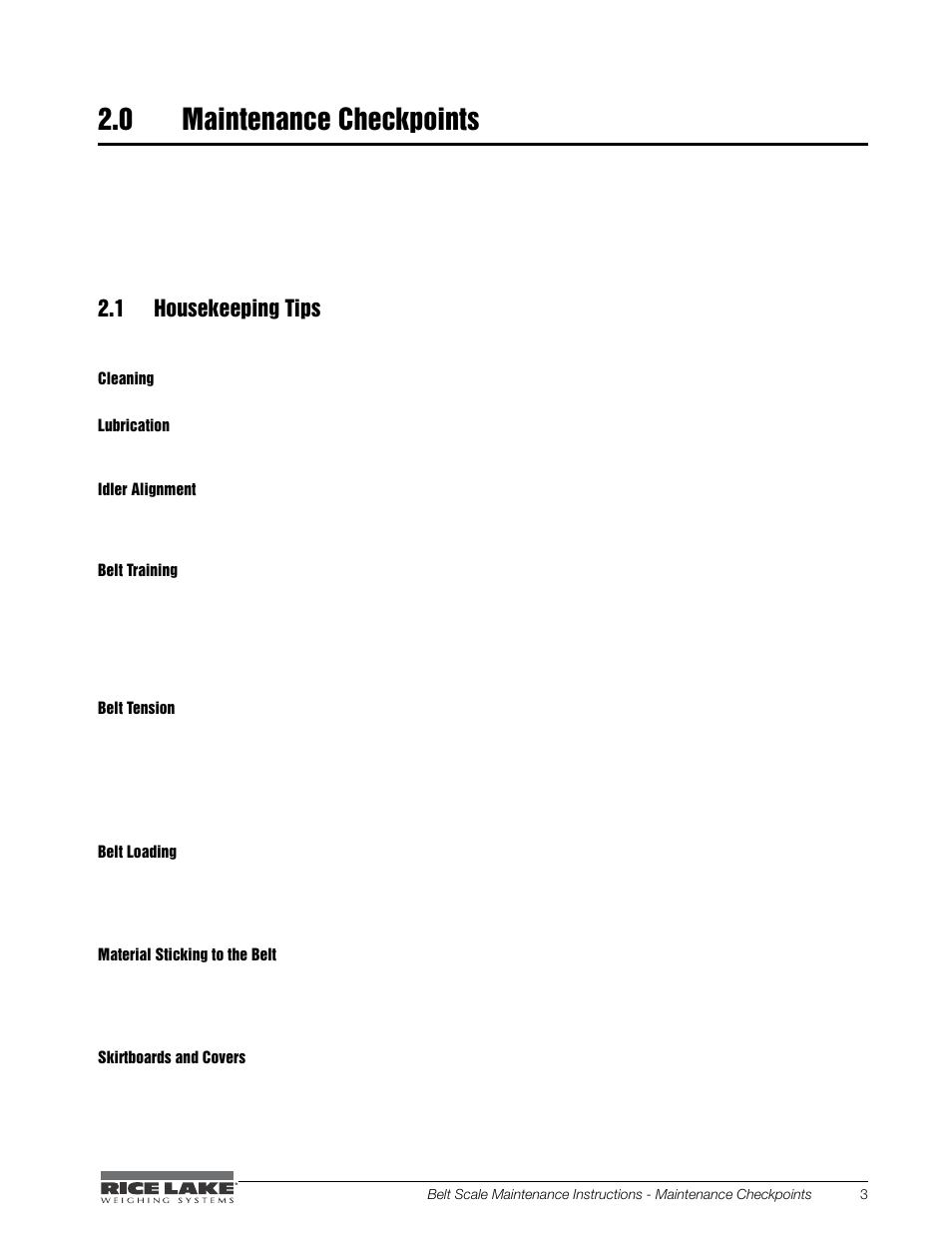 0 maintenance checkpoints, 1 housekeeping tips | Rice Lake BCi Belt Scale - Maintenance & Troubleshooting Manual User Manual | Page 7 / 16