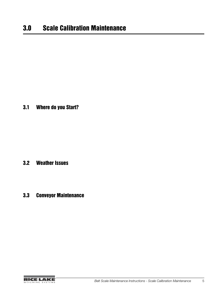 0 scale calibration maintenance, 1 where do you start, 2 weather issues | 3 conveyor maintenance | Rice Lake BCi Belt Scale - Maintenance & Troubleshooting Manual User Manual | Page 9 / 16