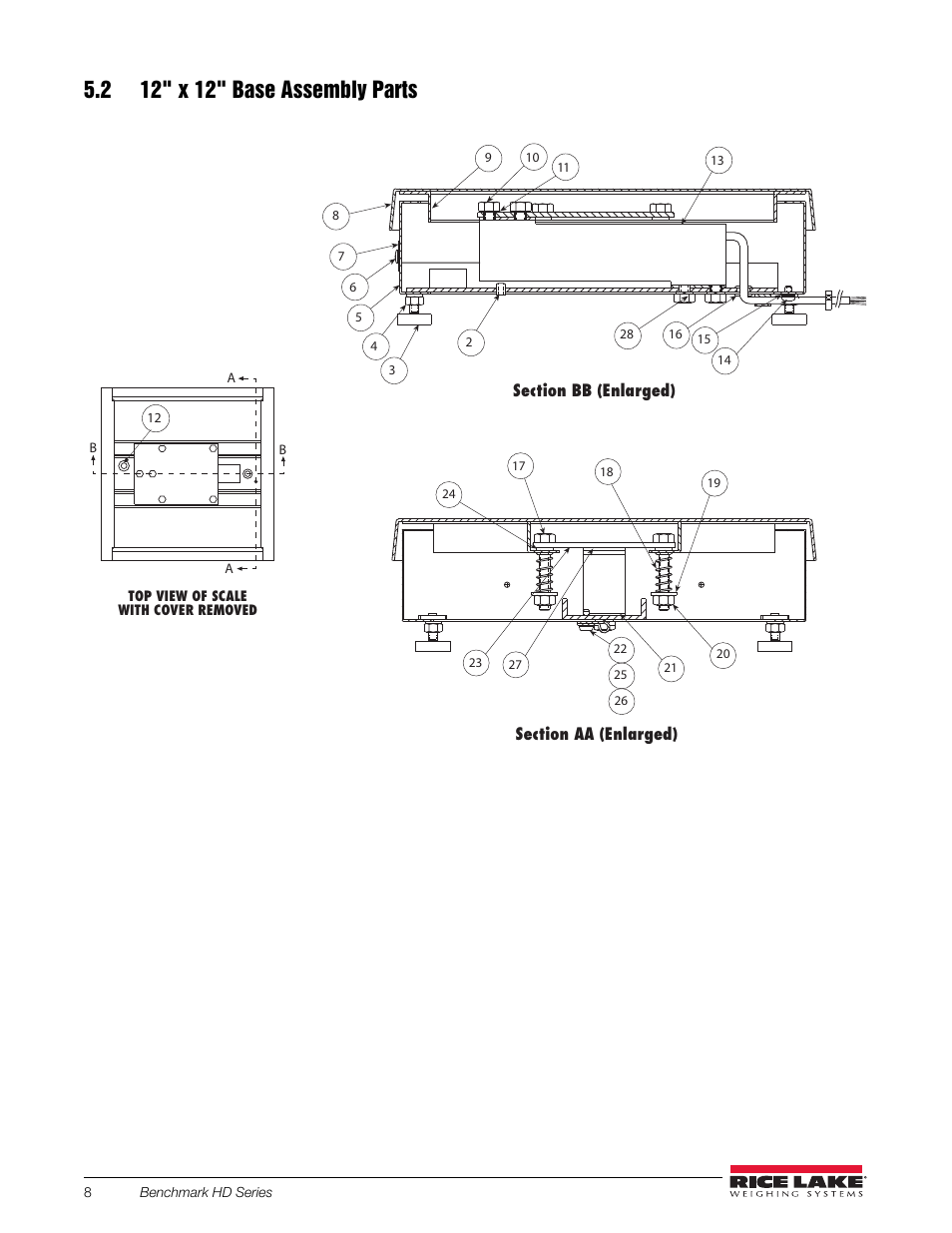 2 12" x 12" base assembly parts, 12" x 12" base assembly parts | Rice Lake BenchMark CW-80 Base User Manual | Page 12 / 16