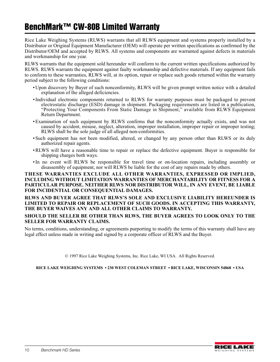 Benchmark™ cw-80b limited warranty | Rice Lake BenchMark CW-80 Base User Manual | Page 14 / 16