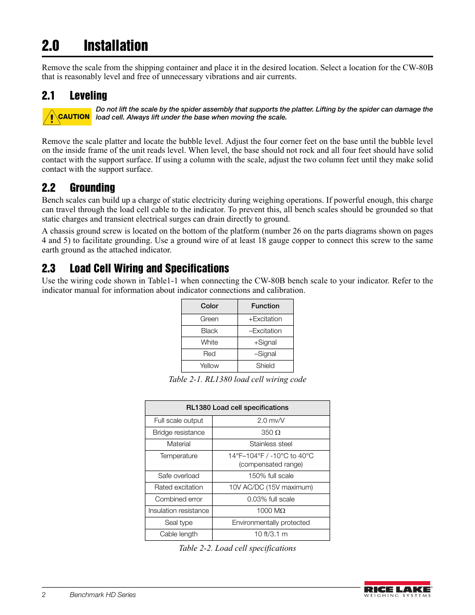 0 installation, 1 leveling, 2 grounding | 3 load cell wiring and specifications, Installation | Rice Lake BenchMark CW-80 Base User Manual | Page 6 / 16