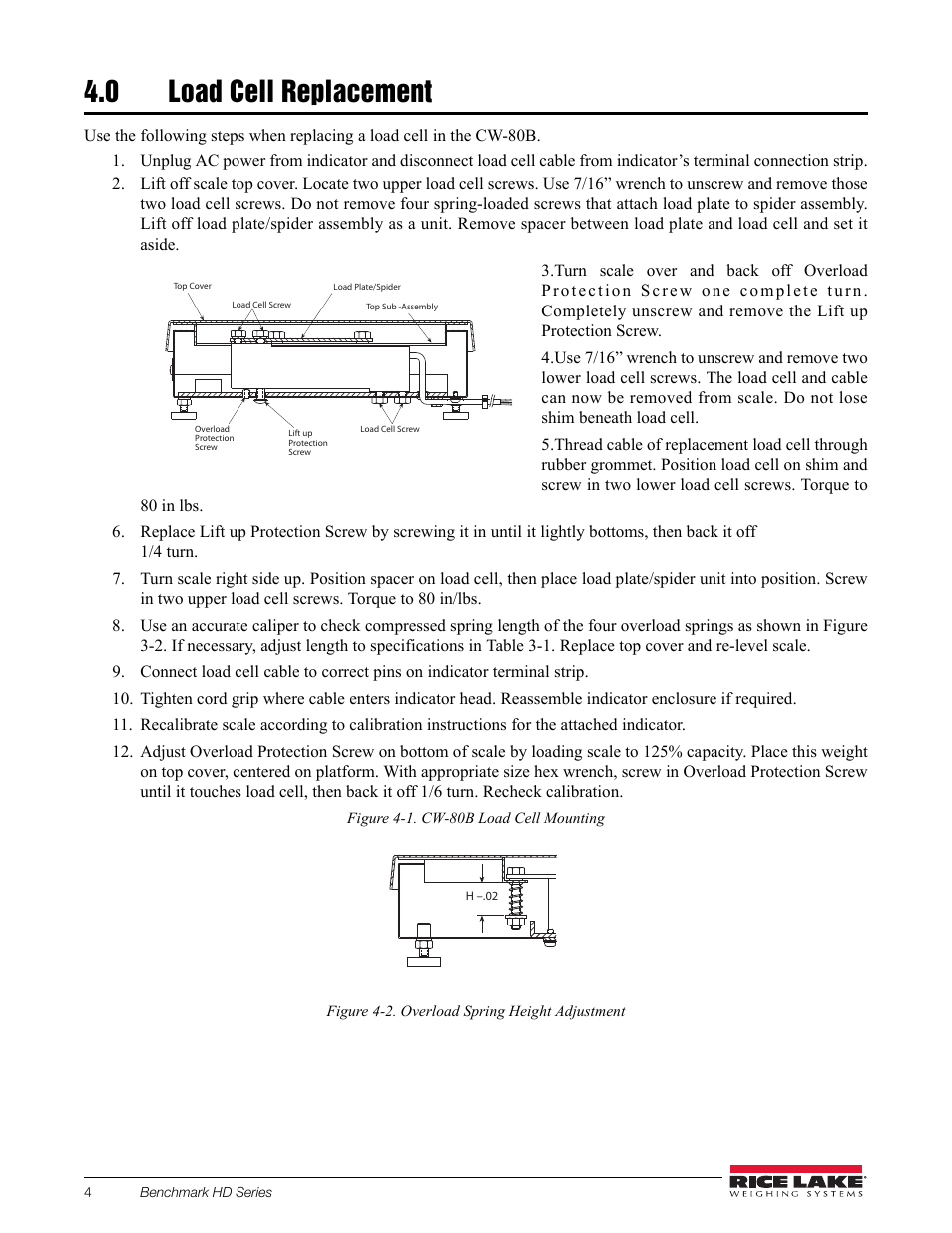 0 load cell replacement, Load cell replacement | Rice Lake BenchMark CW-80 Base User Manual | Page 8 / 16