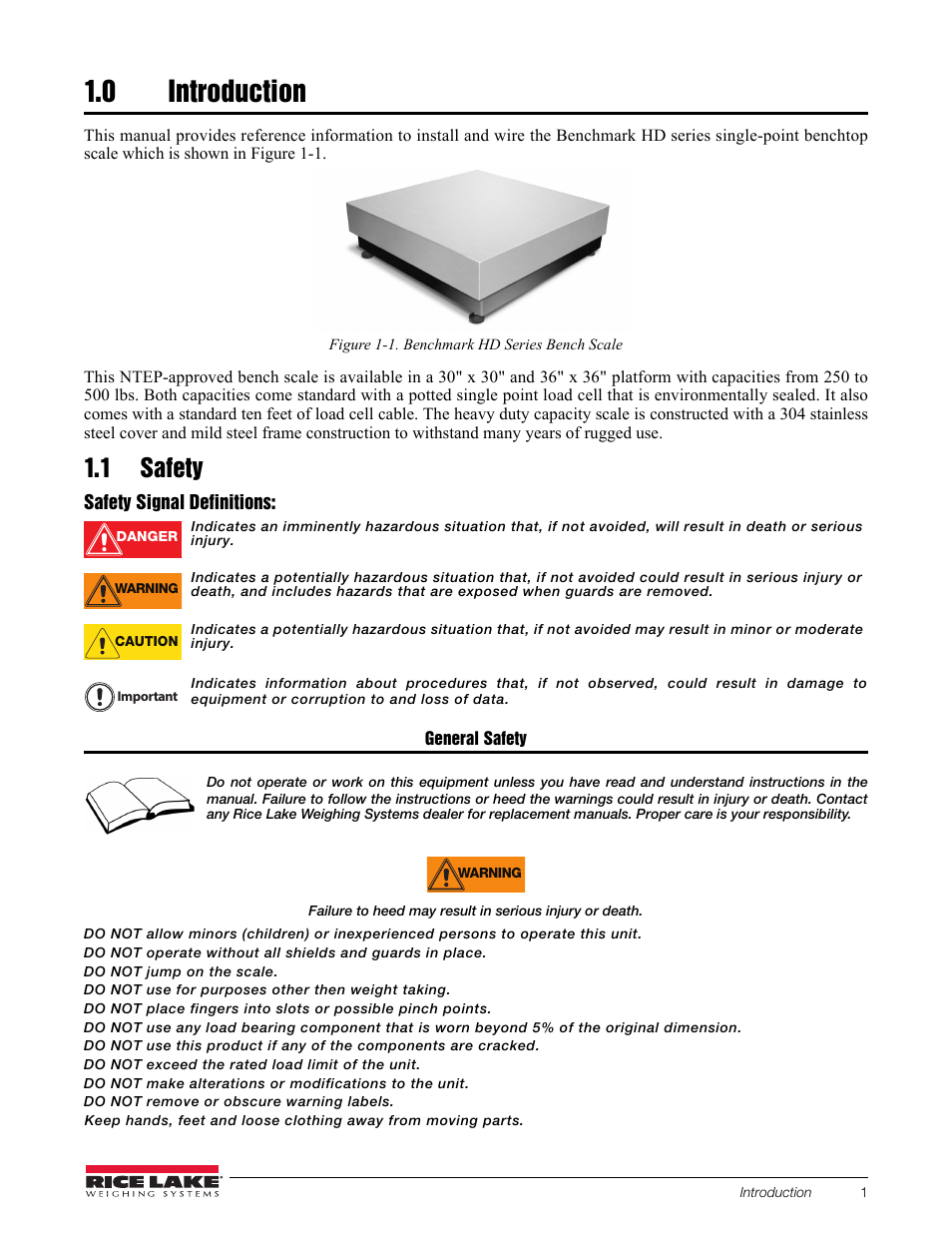 0 introduction, Figure 1-1. benchmark hd series bench scale, 1 safety | Safety signal definitions | Rice Lake BenchMark HD User Manual | Page 5 / 16