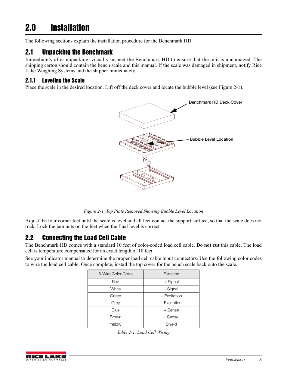 0 installation, 1 unpacking the benchmark, 1 leveling the scale | 2 connecting the load cell cable, Table 2-1. load cell wiring | Rice Lake BenchMark HD User Manual | Page 7 / 16