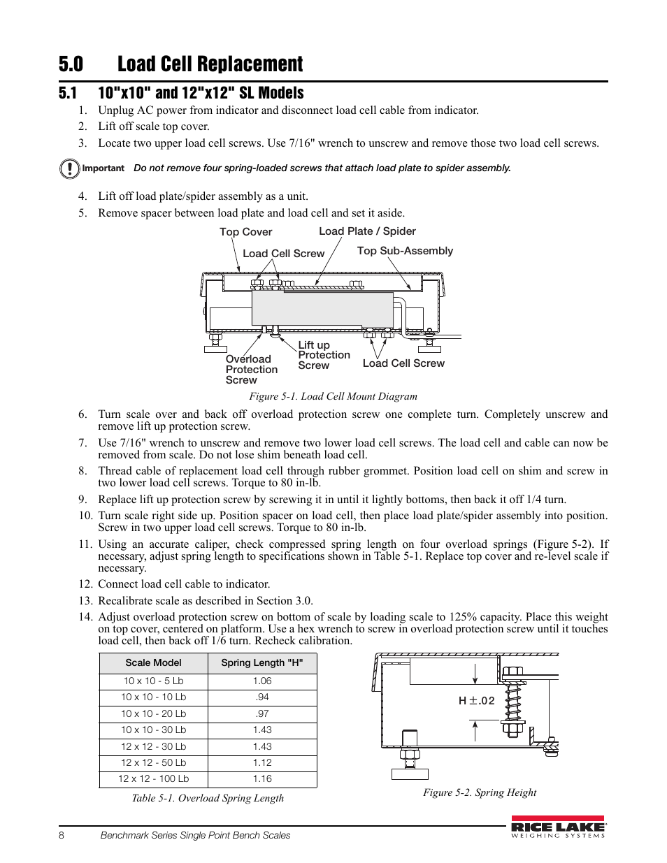 0 load cell replacement, 1 10"x10" and 12"x12" sl models, Load cell replacement | Rice Lake BenchMark SLHE User Manual | Page 12 / 26