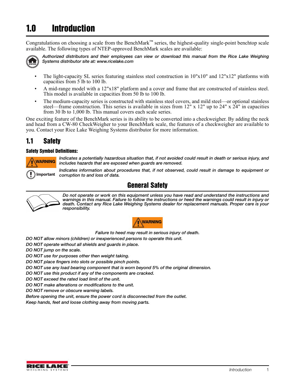 0 introduction, 1 safety, Introduction | General safety | Rice Lake BenchMark SLHE User Manual | Page 5 / 26