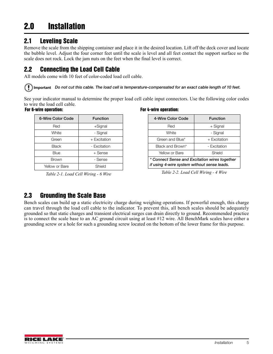 0 installation, 1 leveling scale, 2 connecting the load cell cable | 3 grounding the scale base, Installation | Rice Lake BenchMark SLHE User Manual | Page 9 / 26