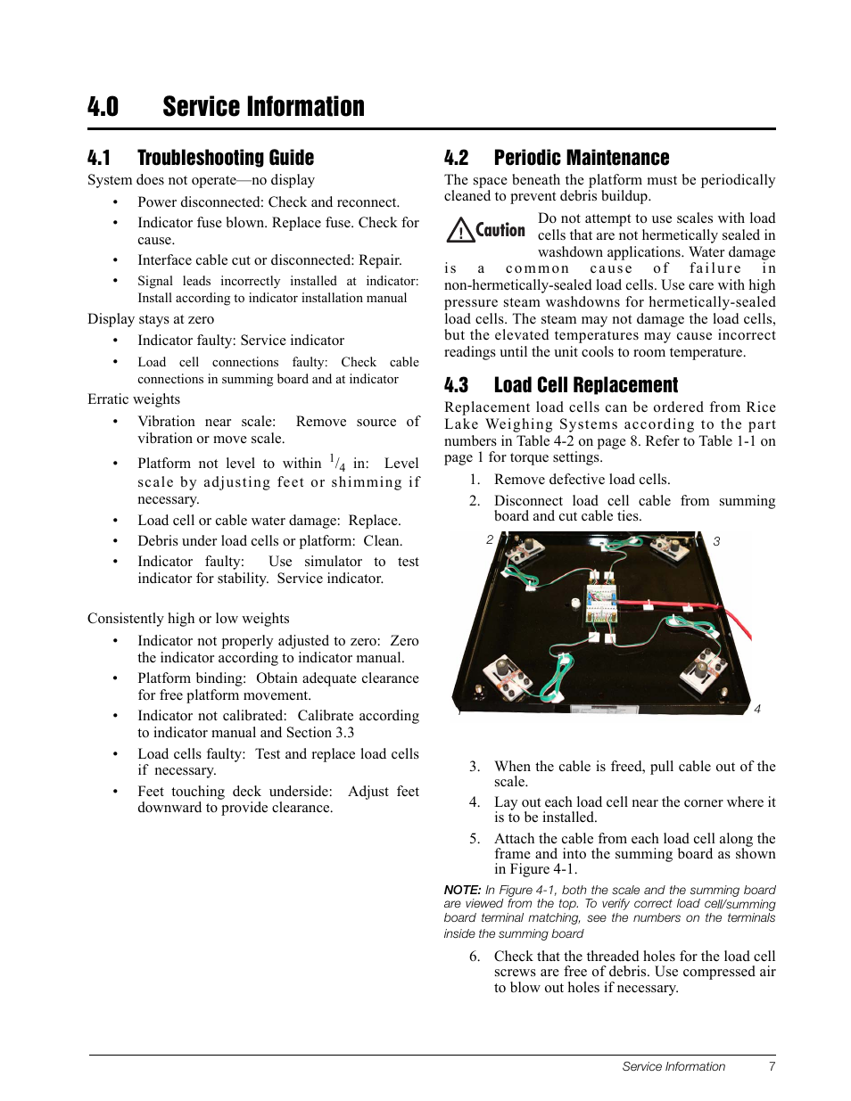 0 service information, 1 troubleshooting guide, 2 periodic maintenance | 3 load cell replacement, Service information, Caution | Rice Lake BenchMark LP User Manual | Page 11 / 13