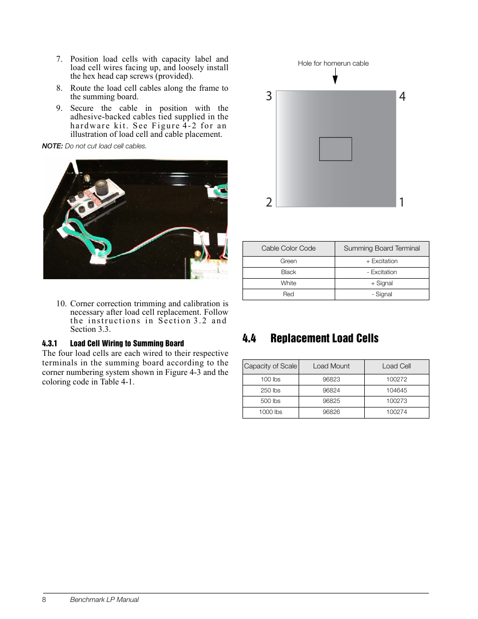 1 load cell wiring to summing board, 4 replacement load cells, Load cell wiring to summing board | Rice Lake BenchMark LP User Manual | Page 12 / 13