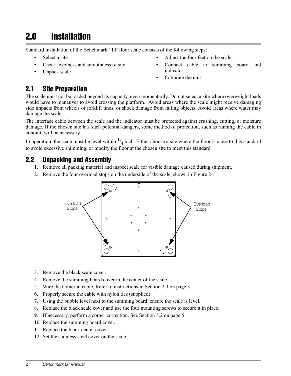 0 installation, 1 site preparation, 2 unpacking and assembly | Installation, 1 site preparation 2.2 unpacking and assembly | Rice Lake BenchMark LP User Manual | Page 6 / 13