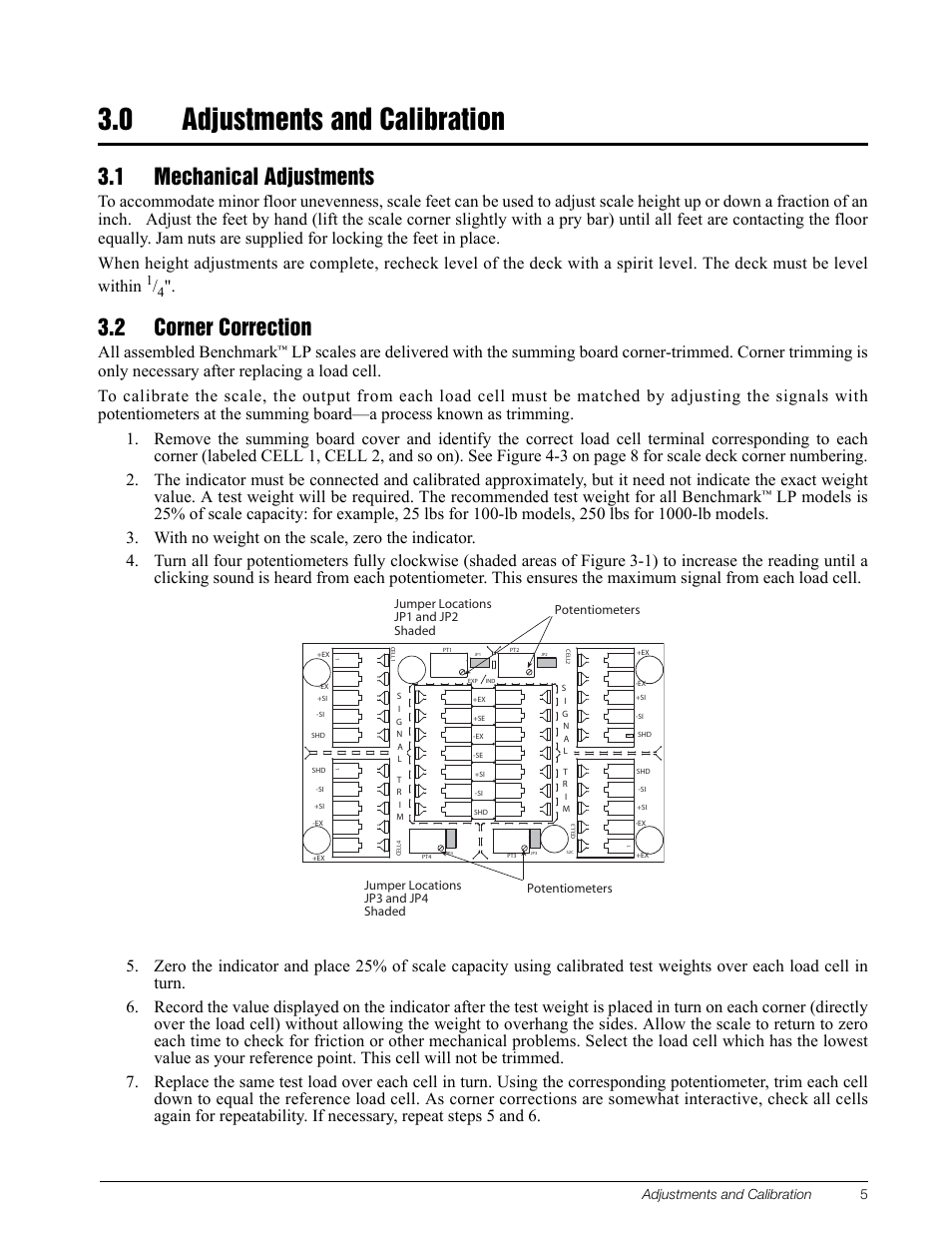 0 adjustments and calibration, 1 mechanical adjustments, 2 corner correction | Adjustments and calibration, 1 mechanical adjustments 3.2 corner correction, All assembled benchmark, Figure 3-1. trim potentiometers | Rice Lake BenchMark LP User Manual | Page 9 / 13