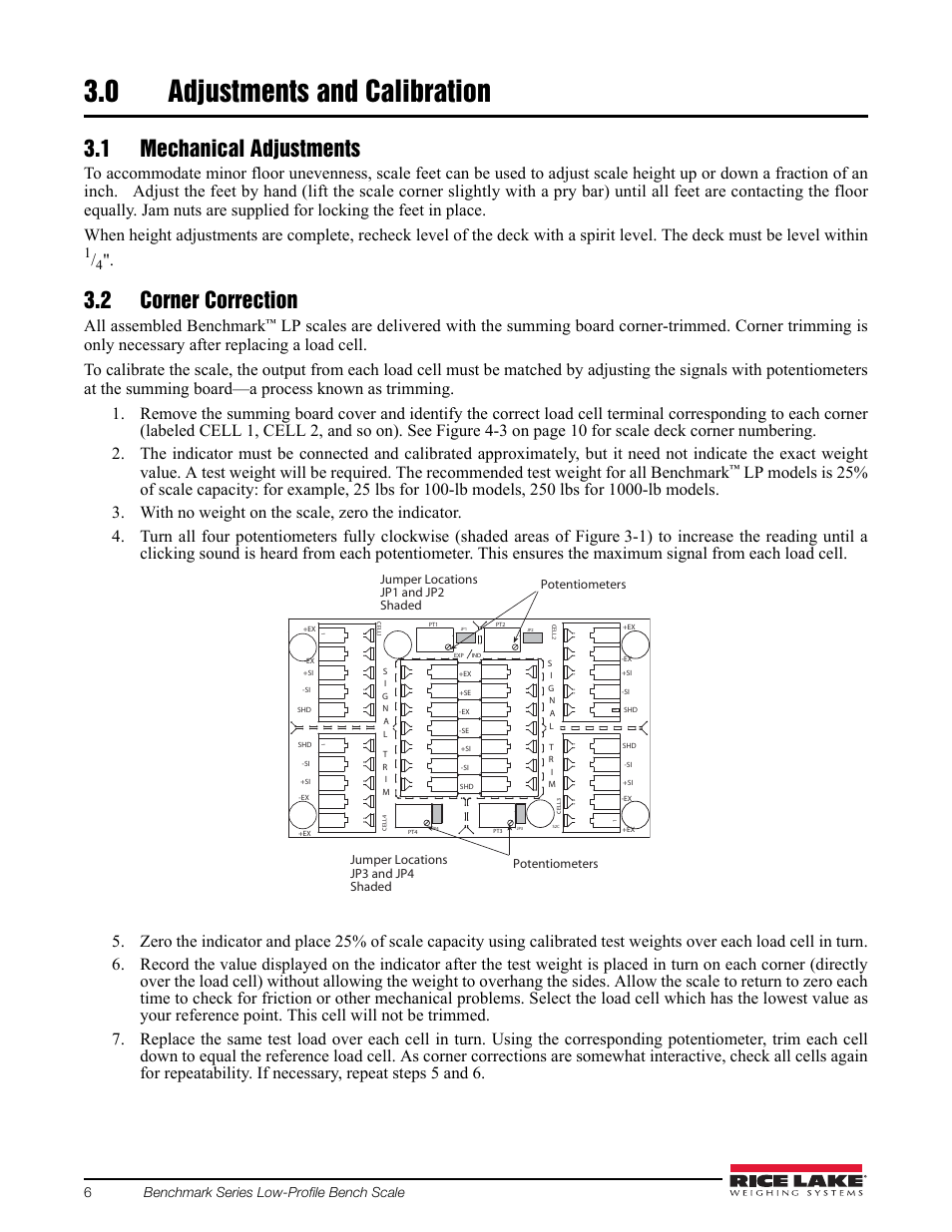 0 adjustments and calibration, 1 mechanical adjustments, 2 corner correction | Adjustments and calibration, 1 mechanical adjustments 3.2 corner correction, All assembled benchmark, Figure 3-1. trim potentiometers | Rice Lake BenchMark LP User Manual | Page 10 / 18