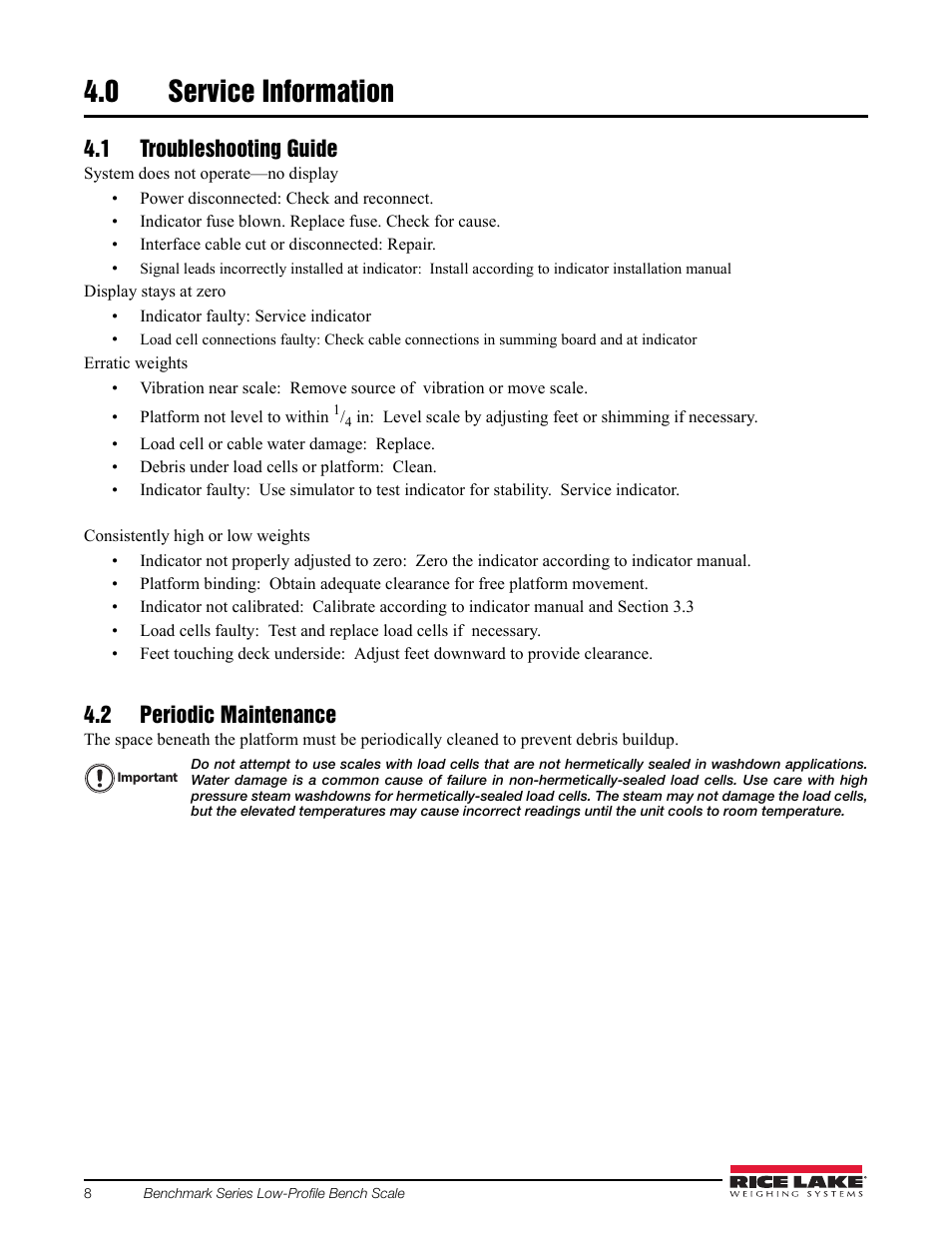 0 service information, 1 troubleshooting guide, 2 periodic maintenance | Service information, 1 troubleshooting guide 4.2 periodic maintenance | Rice Lake BenchMark LP User Manual | Page 12 / 18