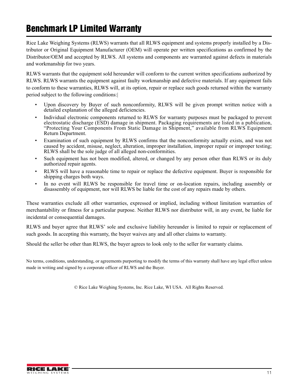 Benchmark lp limited warranty | Rice Lake BenchMark LP User Manual | Page 15 / 18
