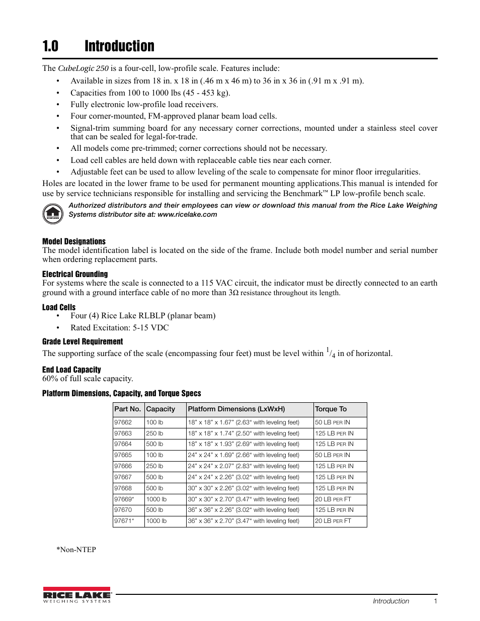 0 introduction, Introduction | Rice Lake BenchMark LP User Manual | Page 5 / 18