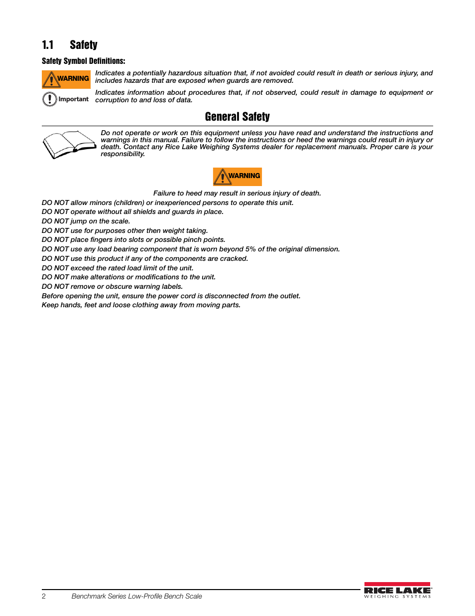 1 safety, General safety | Rice Lake BenchMark LP User Manual | Page 6 / 18