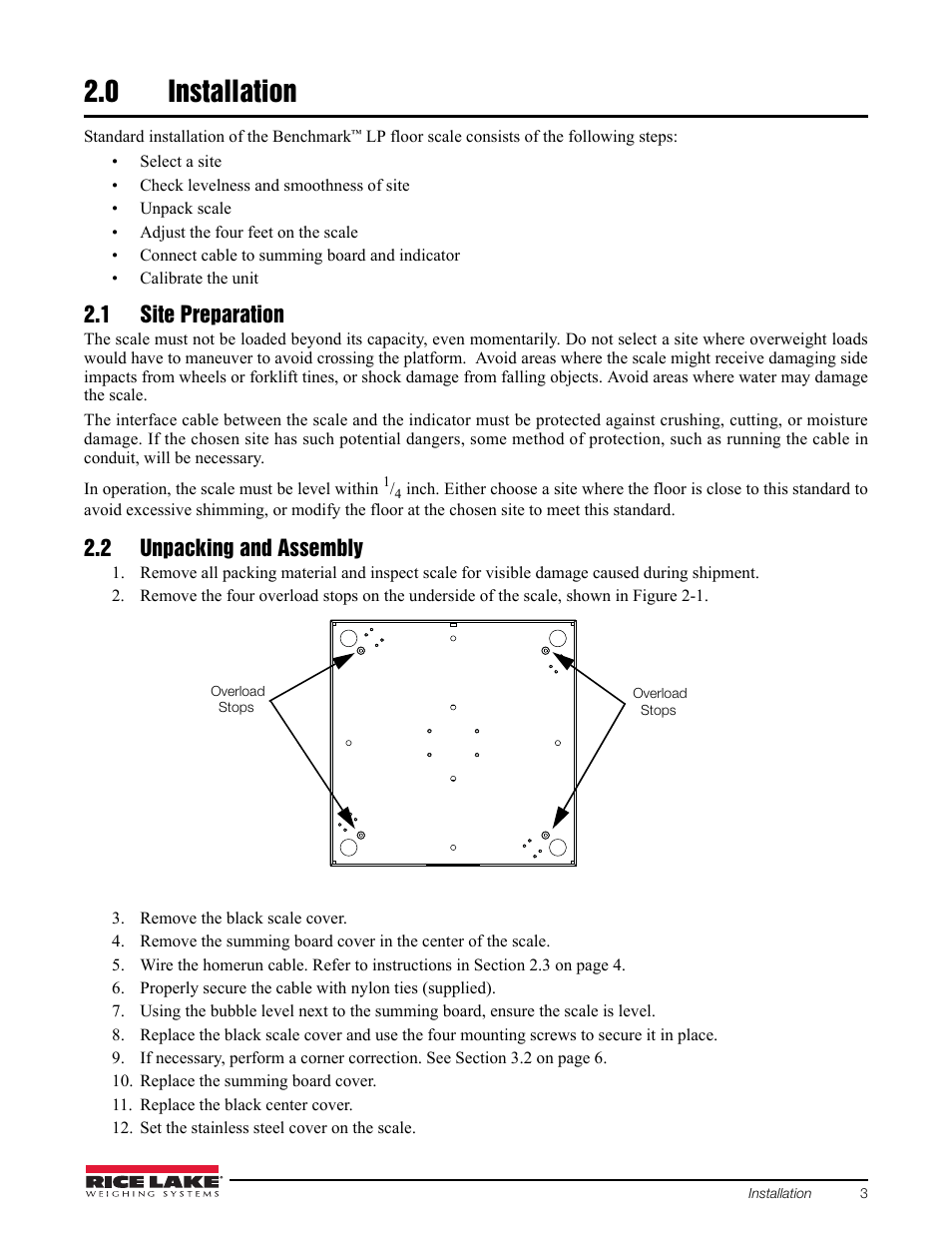 0 installation, 1 site preparation, 2 unpacking and assembly | Installation, 1 site preparation 2.2 unpacking and assembly | Rice Lake BenchMark LP User Manual | Page 7 / 18