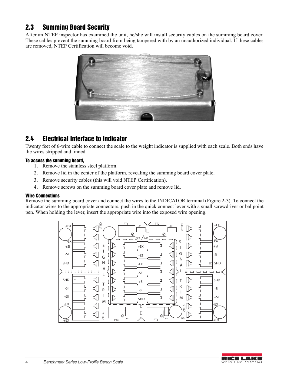 3 summing board security, 4 electrical interface to indicator | Rice Lake BenchMark LP User Manual | Page 8 / 18