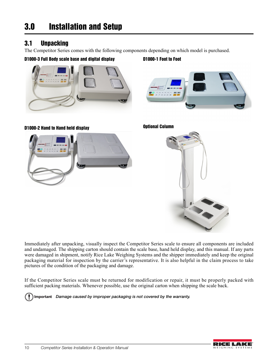 0 installation and setup, 1 unpacking, Installation and setup | Rice Lake Upper Body Single Frequency Composition Analyzer - D1000-2 User Manual | Page 14 / 48