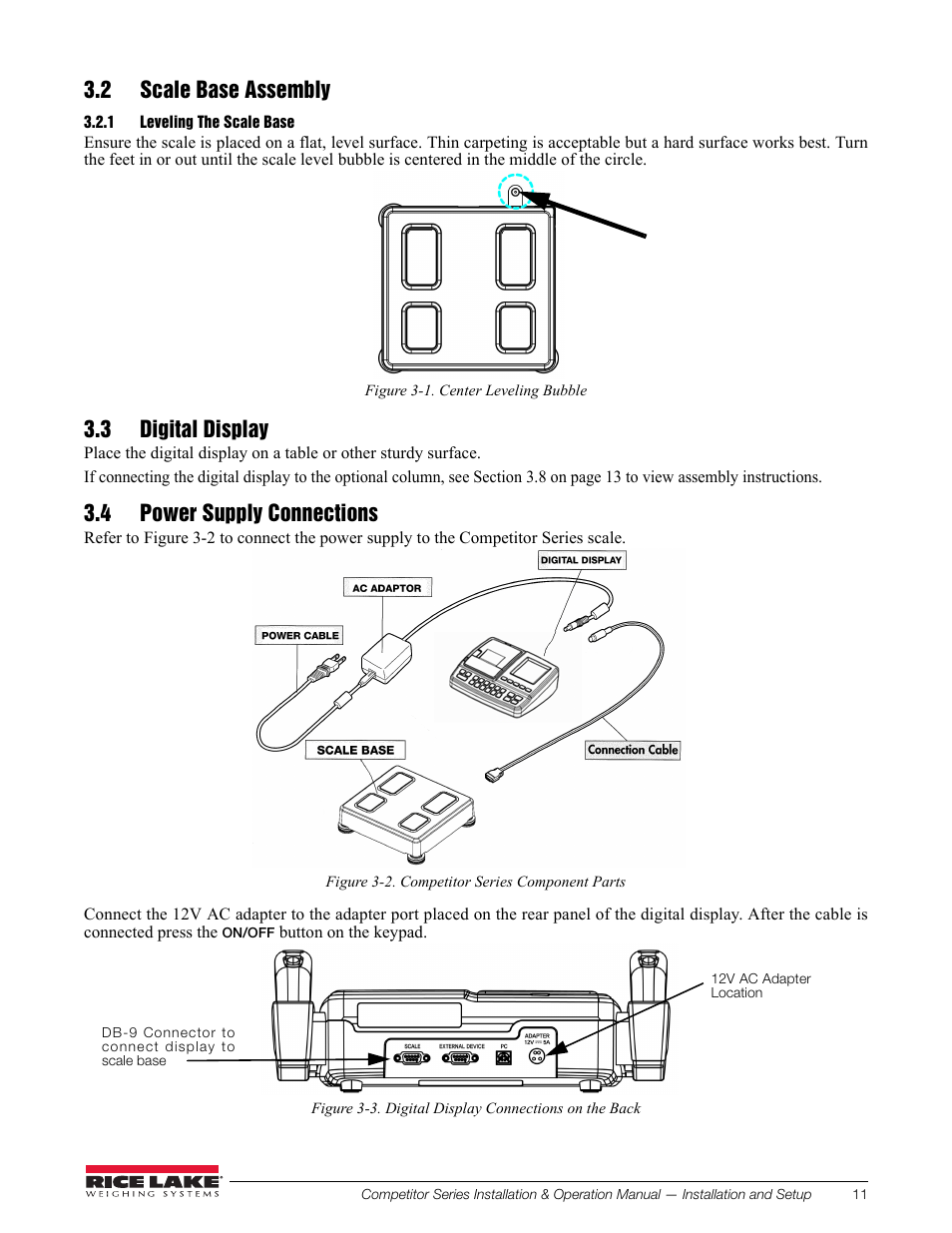 2 scale base assembly, 1 leveling the scale base, 3 digital display | 4 power supply connections, Leveling the scale base, 3 digital display 3.4 power supply connections | Rice Lake Upper Body Single Frequency Composition Analyzer - D1000-2 User Manual | Page 15 / 48