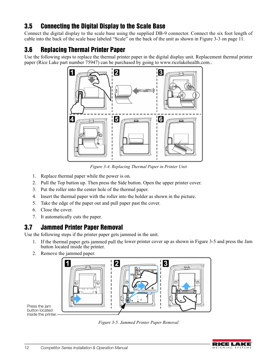 5 connecting the digital display to the scale base, 6 replacing thermal printer paper, 7 jammed printer paper removal | Rice Lake Upper Body Single Frequency Composition Analyzer - D1000-2 User Manual | Page 16 / 48
