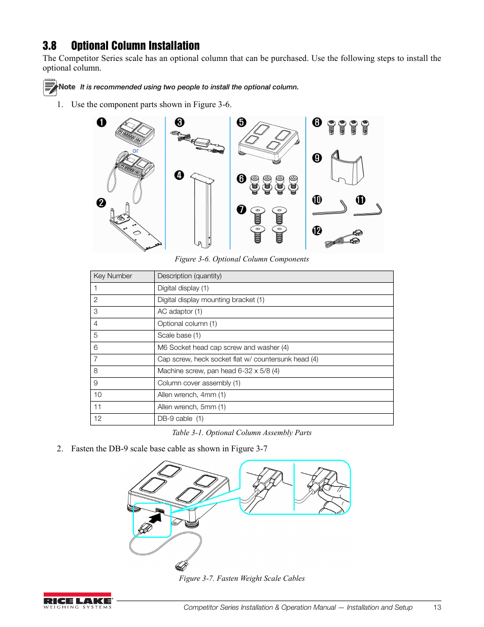 8 optional column installation | Rice Lake Upper Body Single Frequency Composition Analyzer - D1000-2 User Manual | Page 17 / 48