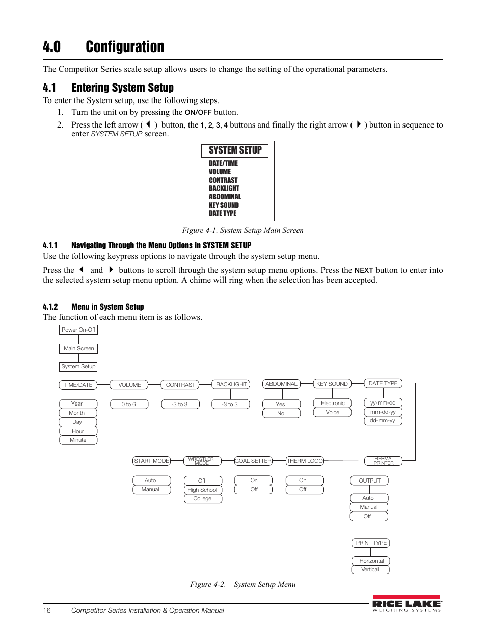 0 configuration, 1 entering system setup, 2 menu in system setup | Configuration, Menu in system setup, System setup | Rice Lake Upper Body Single Frequency Composition Analyzer - D1000-2 User Manual | Page 20 / 48