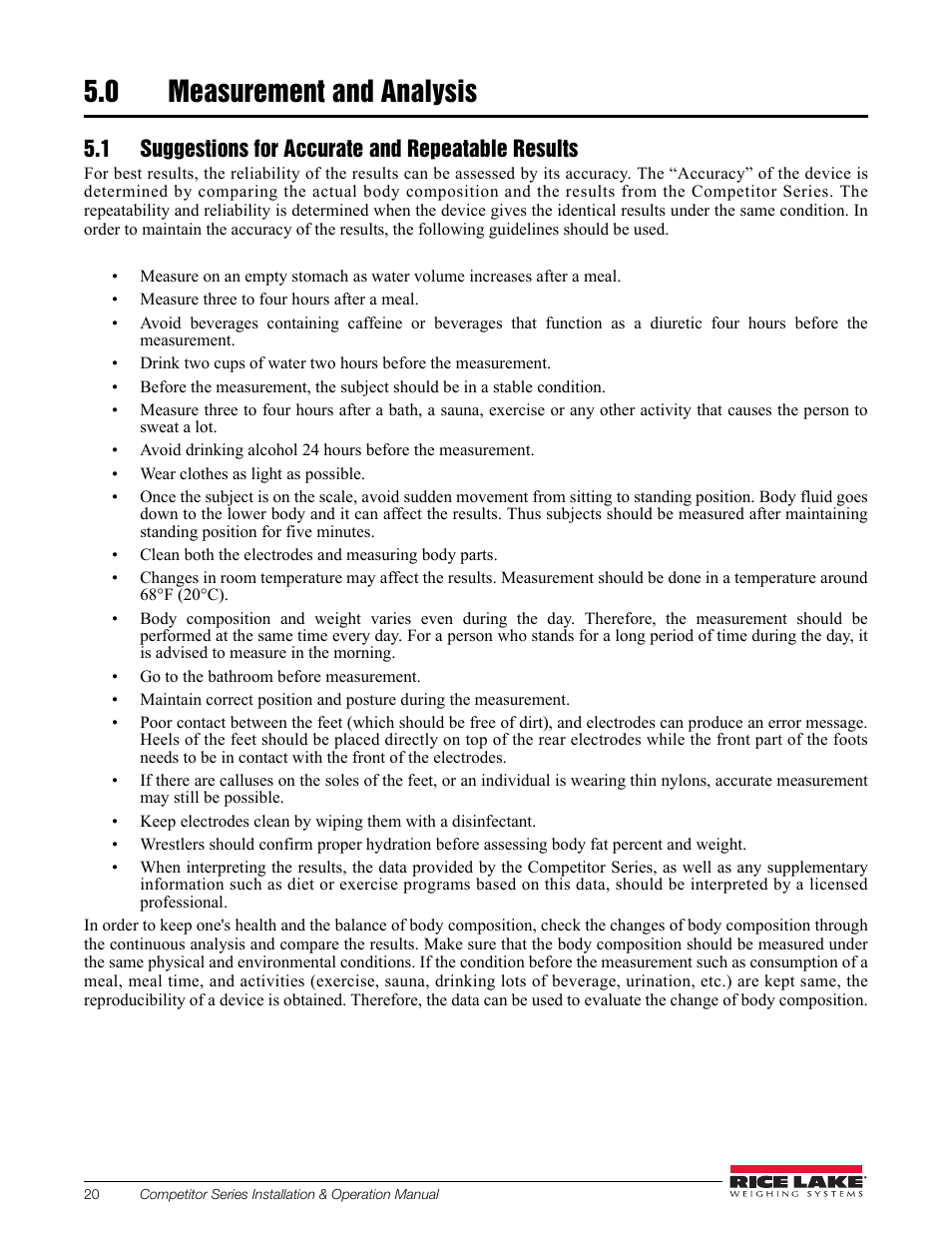 0 measurement and analysis, 1 suggestions for accurate and repeatable results, Measurement and analysis | Rice Lake Upper Body Single Frequency Composition Analyzer - D1000-2 User Manual | Page 24 / 48