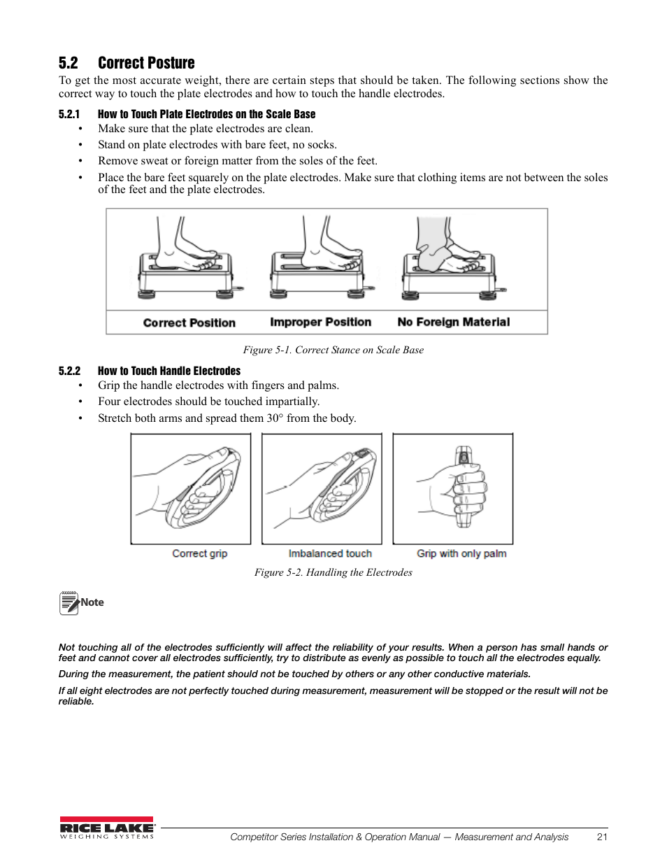 2 correct posture, 1 how to touch plate electrodes on the scale base, 2 how to touch handle electrodes | How to touch plate electrodes on the scale base, How to touch handle electrodes | Rice Lake Upper Body Single Frequency Composition Analyzer - D1000-2 User Manual | Page 25 / 48