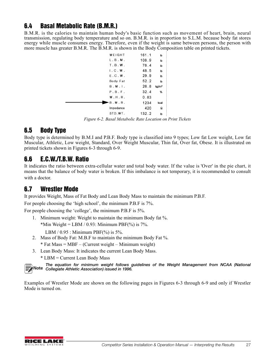 4 basal metabolic rate (b.m.r.), 5 body type, 6 e.c.w./t.b.w. ratio | 7 wrestler mode | Rice Lake Upper Body Single Frequency Composition Analyzer - D1000-2 User Manual | Page 31 / 48