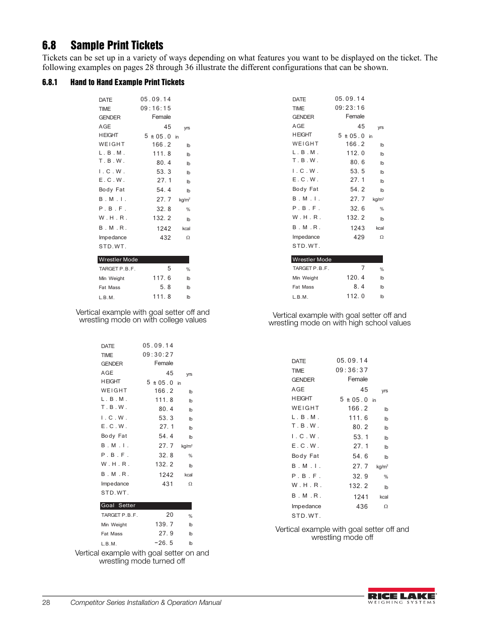 8 sample print tickets, 1 hand to hand example print tickets, Hand to hand example print tickets | Rice Lake Upper Body Single Frequency Composition Analyzer - D1000-2 User Manual | Page 32 / 48