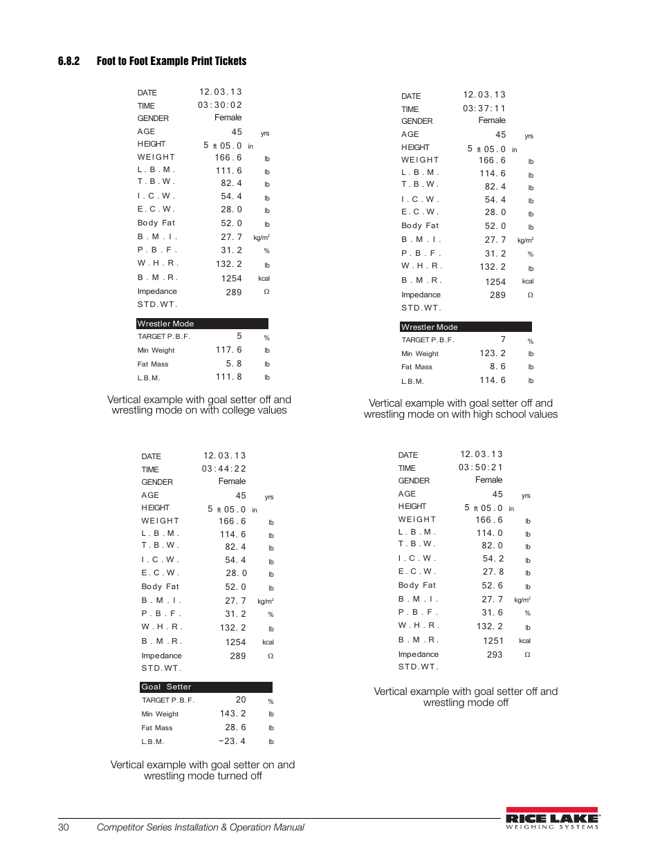 2 foot to foot example print tickets, Foot to foot example print tickets | Rice Lake Upper Body Single Frequency Composition Analyzer - D1000-2 User Manual | Page 34 / 48