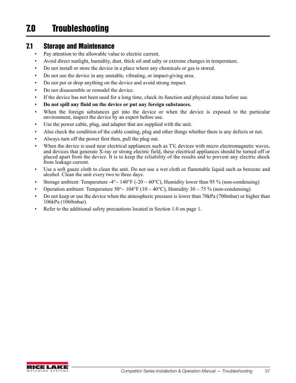 0 troubleshooting, 1 storage and maintenance, Troubleshooting | Rice Lake Upper Body Single Frequency Composition Analyzer - D1000-2 User Manual | Page 41 / 48