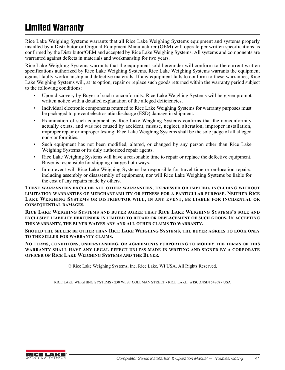 Limited warranty | Rice Lake Upper Body Single Frequency Composition Analyzer - D1000-2 User Manual | Page 45 / 48