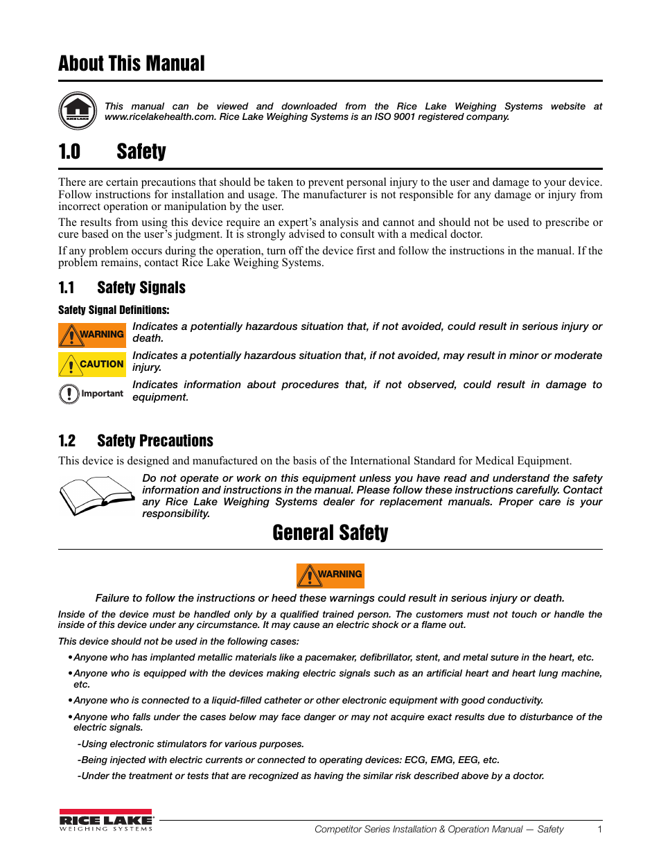 About this manual, 0 safety, 1 safety signals | 2 safety precautions, Safety, 1 safety signals 1.2 safety precautions, General safety | Rice Lake Upper Body Single Frequency Composition Analyzer - D1000-2 User Manual | Page 5 / 48