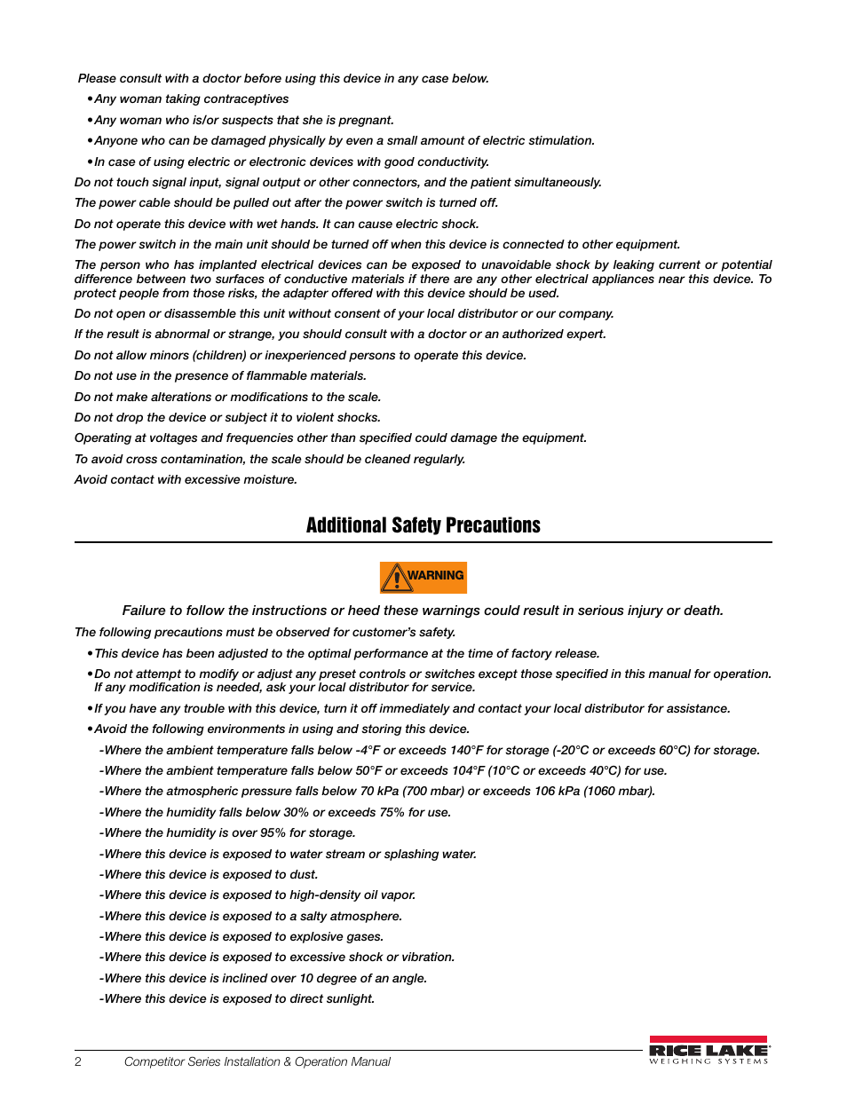 Additional safety precautions | Rice Lake Upper Body Single Frequency Composition Analyzer - D1000-2 User Manual | Page 6 / 48