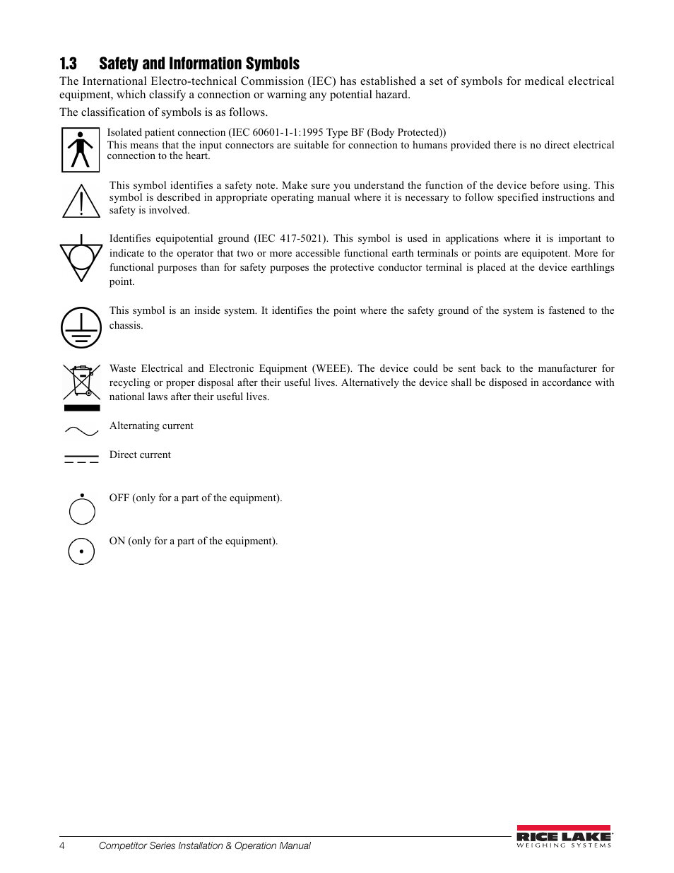 3 safety and information symbols | Rice Lake Upper Body Single Frequency Composition Analyzer - D1000-2 User Manual | Page 8 / 48