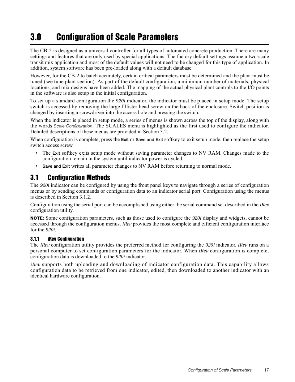 0 configuration of scale parameters, 1 configuration methods, 1 irev configuration | Configuration of scale parameters, Irev configuration | Rice Lake CB-2 Concrete Batch Controller Version 1.0 User Manual | Page 21 / 60