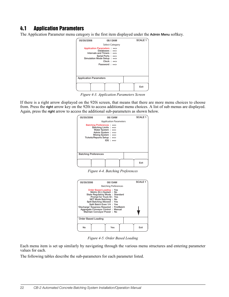 1 application parameters, Softkey, Figure 4-3. application parameters screen | Rice Lake CB-2 Concrete Batch Controller Version 1.0 User Manual | Page 26 / 60