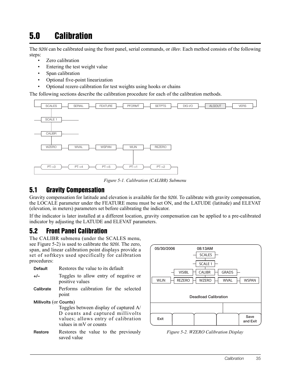 0 calibration, 1 gravity compensation, 2 front panel calibration | Calibration, 1 gravity compensation 5.2 front panel calibration | Rice Lake CB-2 Concrete Batch Controller Version 1.0 User Manual | Page 39 / 60