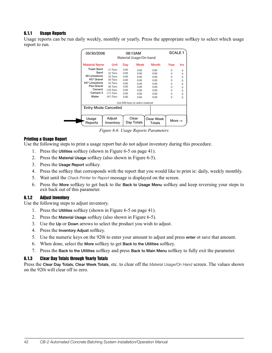 1 usage reports, 2 adjust inventory, 3 clear day totals through yearly totals | Usage reports, Adjust inventory, Clear day totals through yearly totals | Rice Lake CB-2 Concrete Batch Controller Version 1.0 User Manual | Page 46 / 60