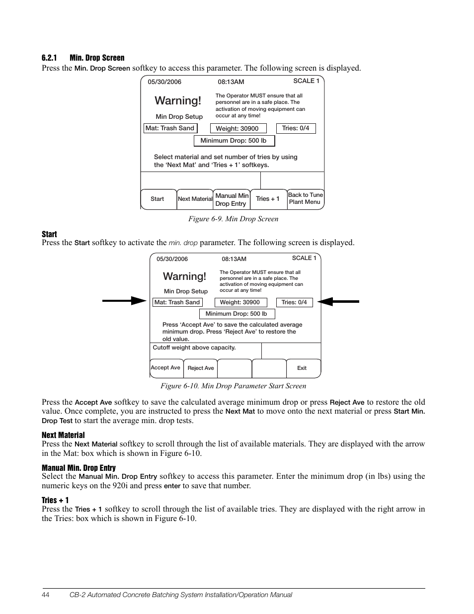 1 min. drop screen, Min. drop screen, 8bsojoh | Rice Lake CB-2 Concrete Batch Controller Version 1.0 User Manual | Page 48 / 60