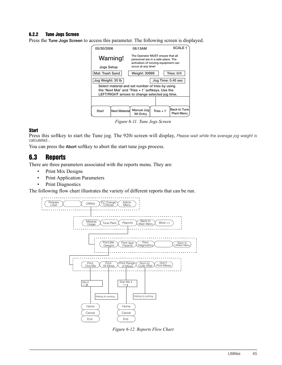 2 tune jogs screen, 3 reports, Tune jogs screen | 8bsojoh, Press the, You can press the, Softkey to abort the start tune jogs process | Rice Lake CB-2 Concrete Batch Controller Version 1.0 User Manual | Page 49 / 60