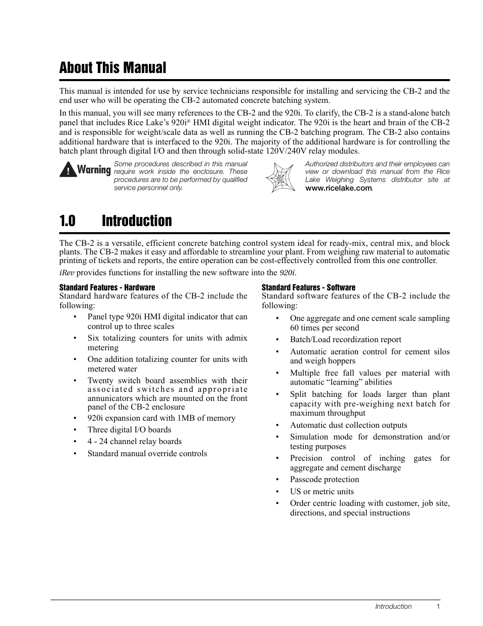About this manual, 0 introduction, About this manual 1.0 | Introduction, 7arning | Rice Lake CB-2 Concrete Batch Controller Version 1.0 User Manual | Page 5 / 60