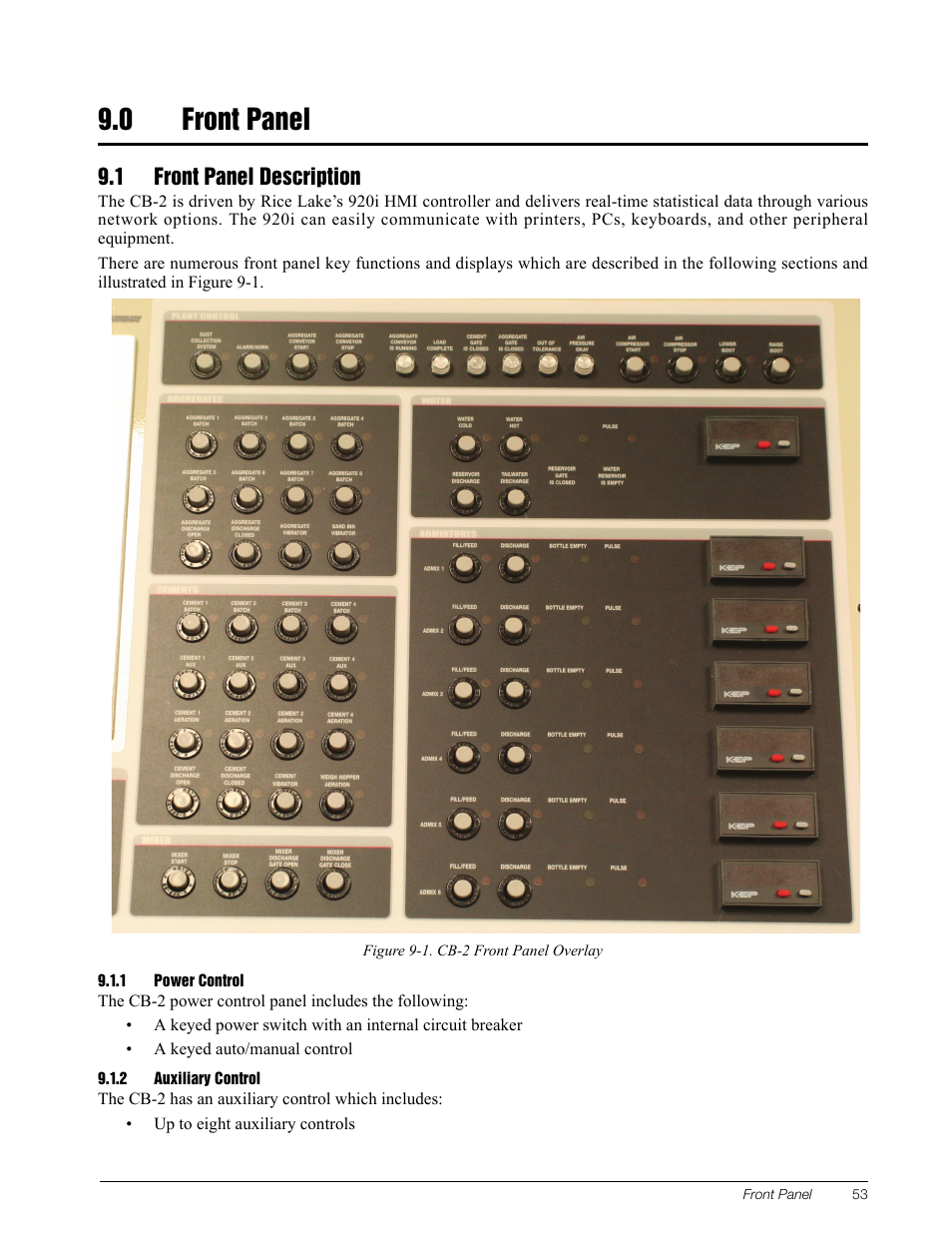 0 front panel, 1 front panel description, 1 power control | 2 auxiliary control, Front panel, Power control, Auxiliary control | Rice Lake CB-2 Concrete Batch Controller Version 1.0 User Manual | Page 57 / 60